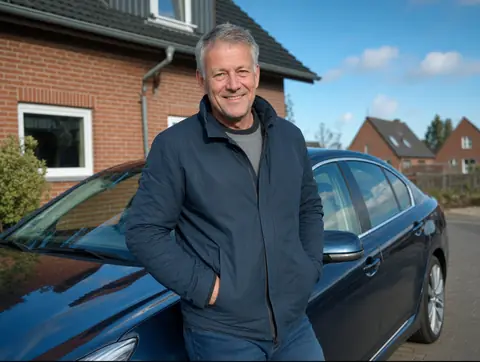 Verkäufer aus Kalk mit dem verkauften Fahrzeug